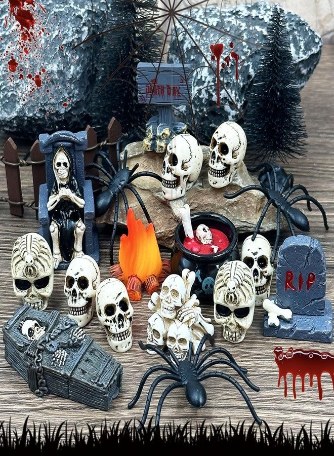 Suartus Halloween Village Accessories Ornaments - 46Pcs Miniature Pumpkin Skeleton Tombstones Spider Pinetrees Figurines Resin Horror Village Mini Halloween Figurines for Hallowmas Town Party Decor - Image 3